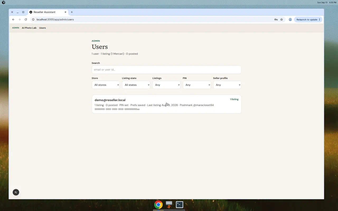 Users page with linked closet names.