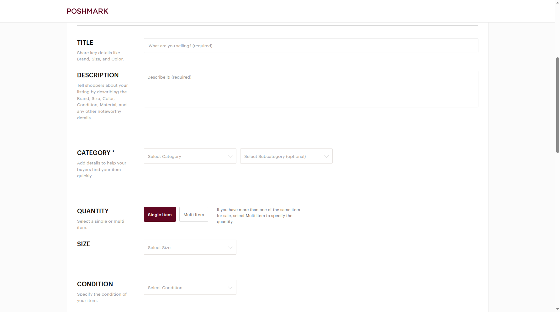 Poshmark category still set to Select Category.