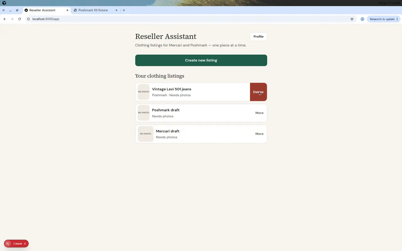 Same listing row with More changed to a red Delete.